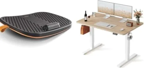 FEZIBO Standing Desk, 48 × 24 Inches Electric Height Adjustable, Sit and Stand Up, Computer Office Desk, Standing Desk Mat with Anti Fatigue Bar, Wooden Wobble Balance Board